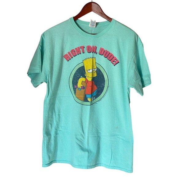 Bart Simpson Teal Blue S/S T-Shirt Men's Size L Right On Dude - Picture 1 of 9